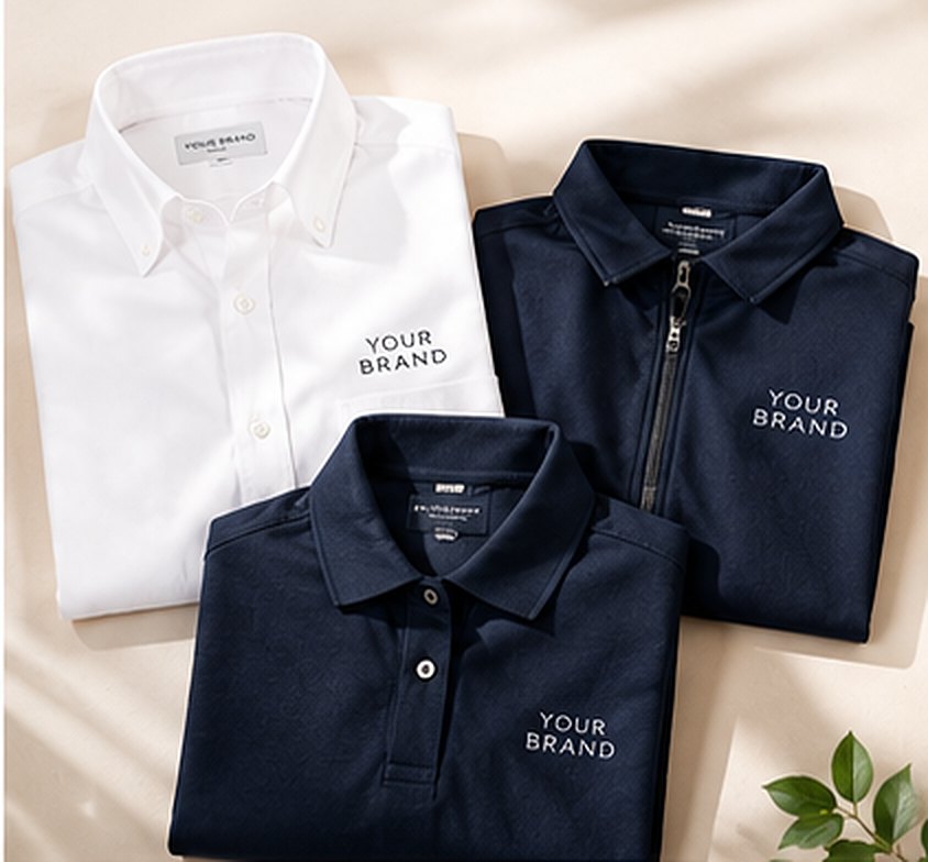 Branded white shirt, navy polo and navy zip jacket