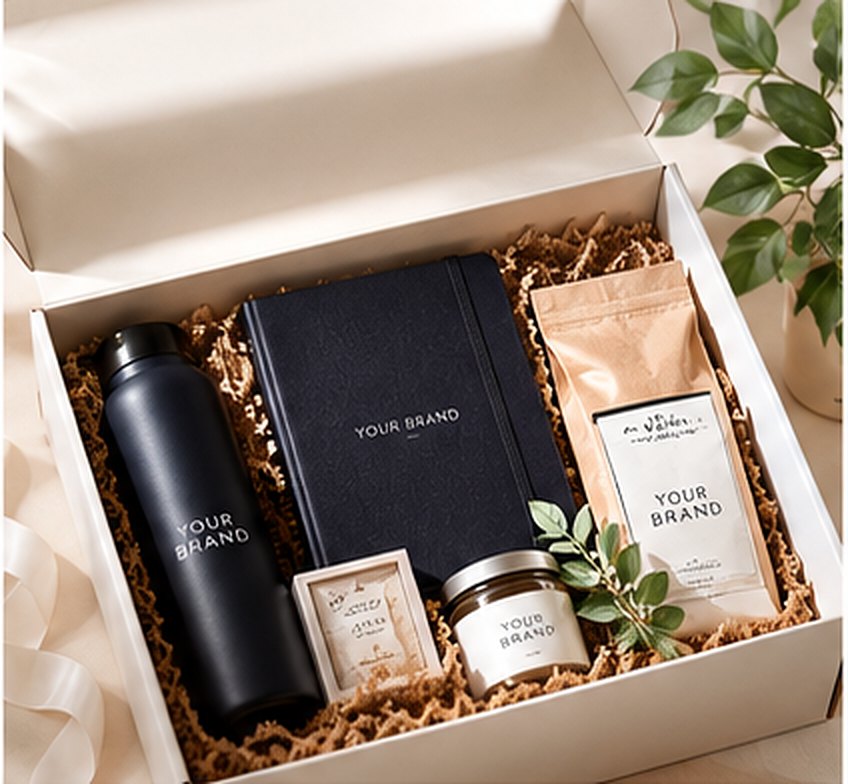 Gift box with a branded bottle, notebook, coffee, candle and card