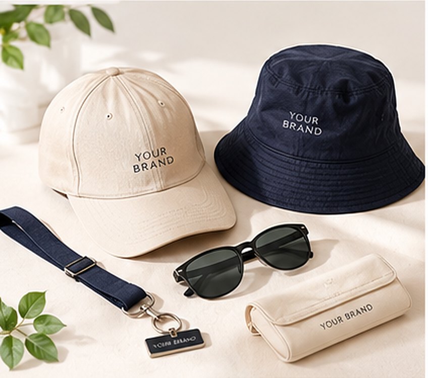 Branded cap, bucket hat, lanyard, sunglasses and pouch