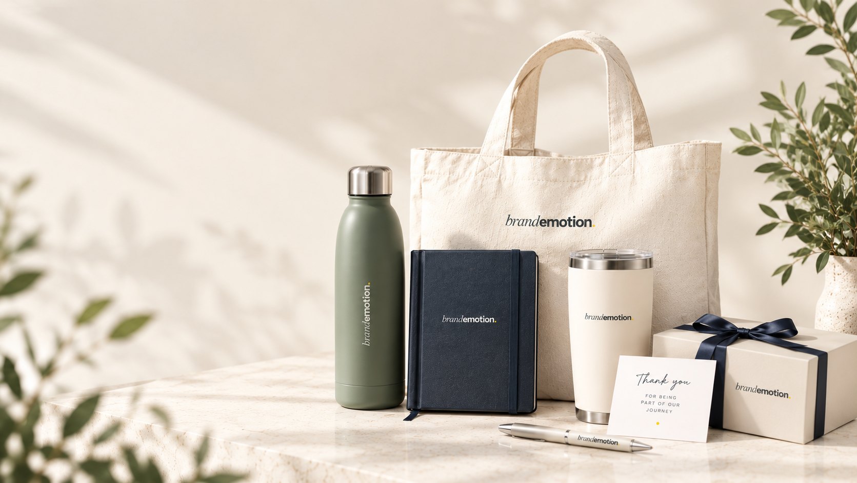 Brand Emotion branded tote bag, water bottle, notebook, tumbler, pen and gift box on a stone table